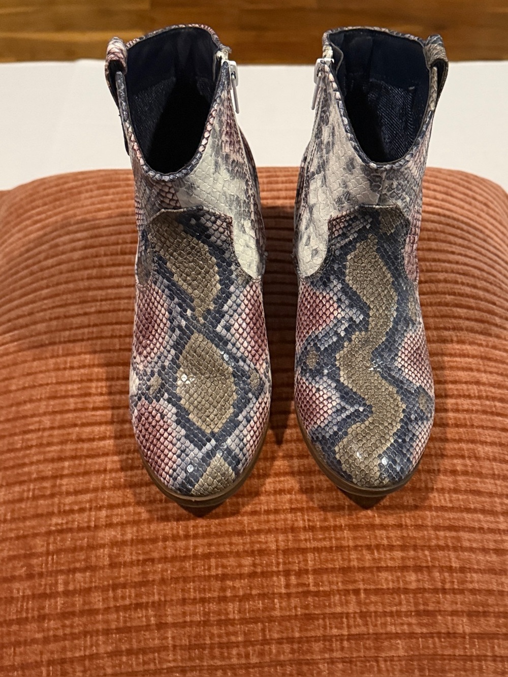 True Craft Pink Blue and Brown Snake-Print Ankle Booties Casual Urban